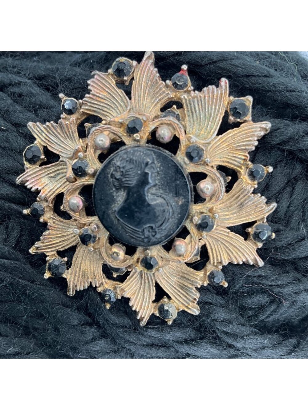 Vintage Gold-Tone Cameo Brooch With Black Rhinestones And Filigree Detail